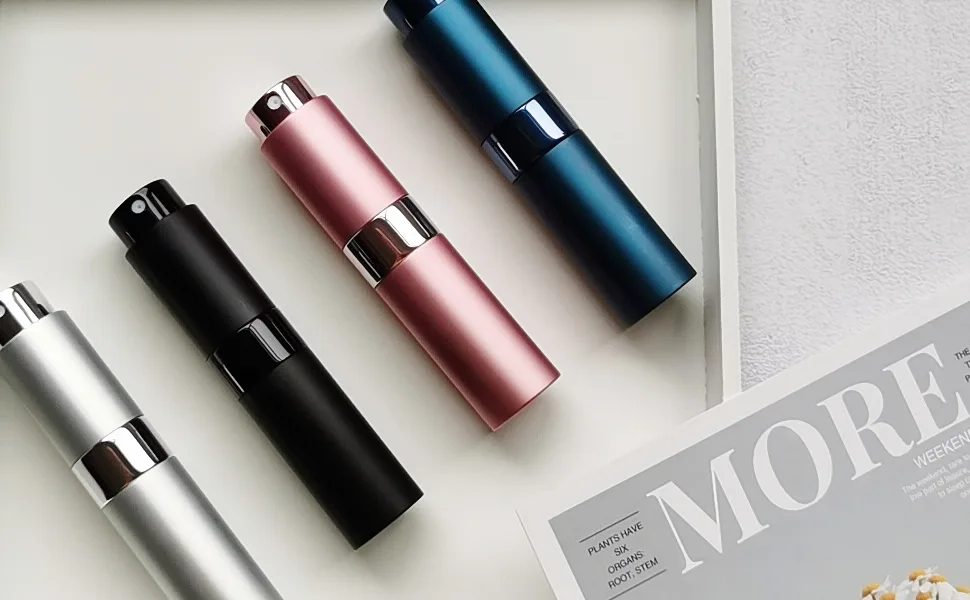 Lil Ray 8ml Portable Mini Perfume Atomizer(4 PCS),Refillable Empty Small Spray Bottle for Travel, Twist Tpye Pocket Cologne Sprayer (Matte Black, Pink, Blue, Silver) 4 Colors - 8ML PERFUME BOTTLE