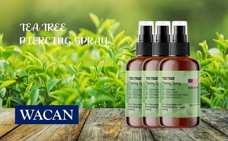 WACAN Fast-Healing Tea Tree Piercing Spray Solution Organic Essential Oil with Natural Sea Salts and Vitamins Solution Aftercare (4 OZ, Personal Size) - wacan tea tree piercing spray