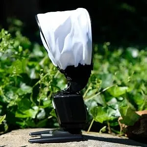 2 Pack Flash Diffuser Softbox - Small & Collapsible White Flash Bounce Softbox for Canon, Nikon, Sony, Fuji and All Speedlight Flashes - by Kachifoto - Softbox Side View Backyard
