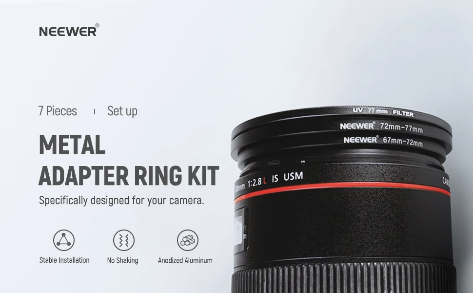 Neewer 7pcs 49mm-77mm Filter Step Up Rings Stepping Adapter Set (49-52-55-58-62-67-72-77mm) - product information 1