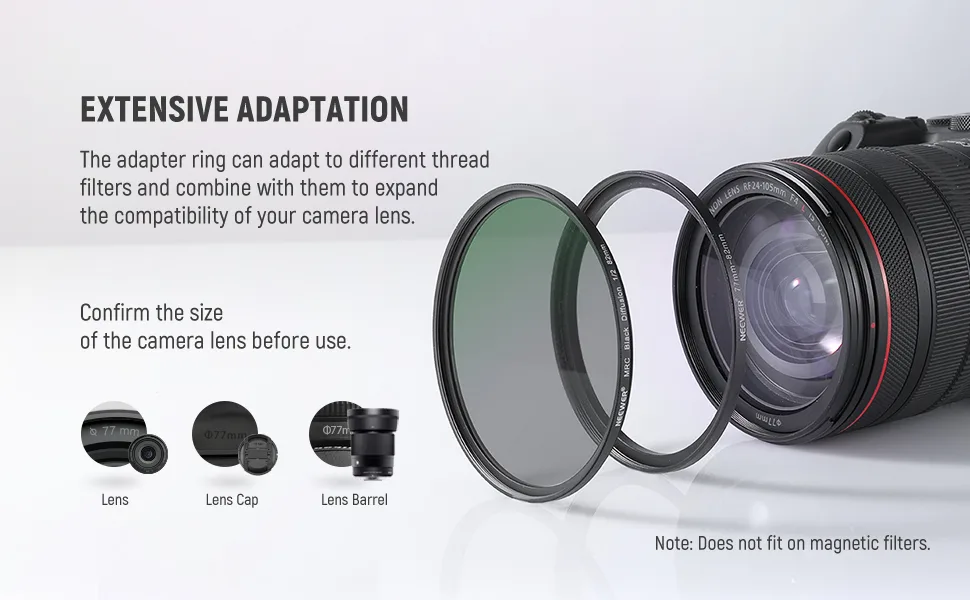 Neewer 7pcs 49mm-77mm Filter Step Up Rings Stepping Adapter Set (49-52-55-58-62-67-72-77mm) - product information 7