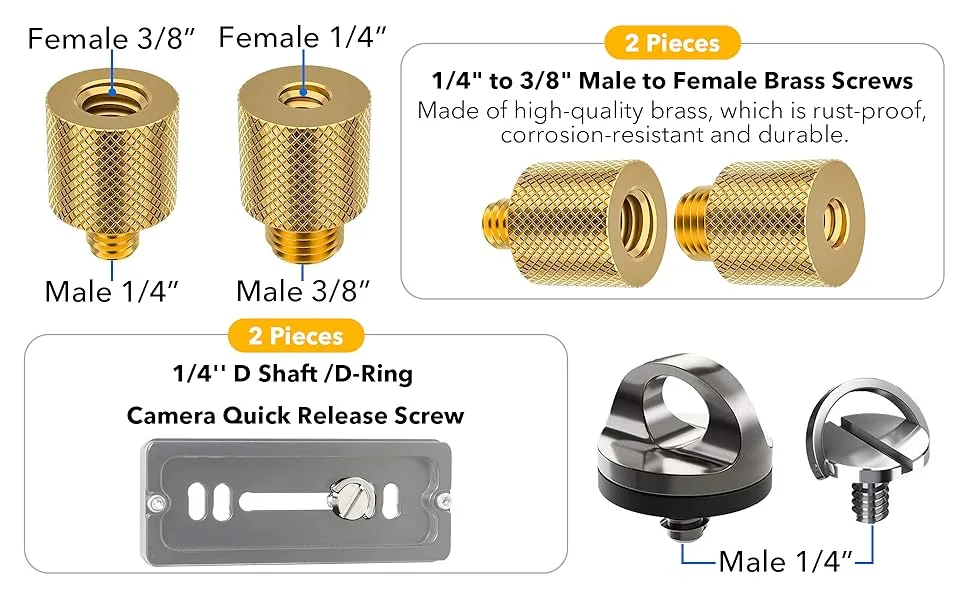 Camera Screw Mount Set, PAMOWO 26Pcs 1/4 Inch and 3/8 Inch Converter Threaded Screws Adapter Flash Shoe Mount for DSLR Camera/Tripod/Monopod/Ballhead/Flash Light/Quick Release Plate - Brass Screw Camera Quick Release Screw