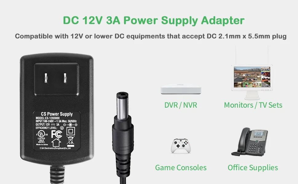UL Certified AC to DC 12V 3A Power Supply Adapter for CCTV Cameras DVR NVR 5.5mm x 2.1mm UL Listed FCC 1-Pack - product information 17