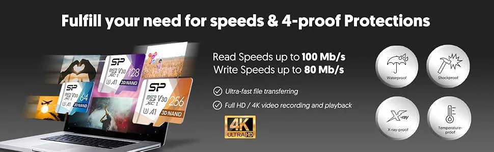 Silicon Power 256GB Micro SD Card U3 SDXC Up to 100MB/s High Speed Memory Card with Adapter for Nintendo-Switch, Cams, Steam Deck and Drones - B08R5THSTM-02