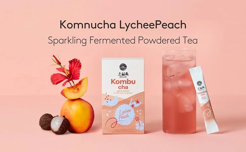 Osulloc Kombucha Tea LycheePeach (Lychee & Peach Blending), Sparkling Powdered Mix Beverage, No added sugar, 10 Sticks, 1.76oz Lychee & Peach 10 Count - product information 2