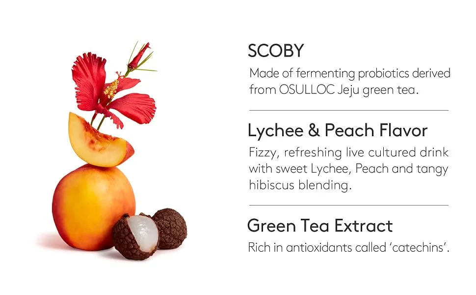 Osulloc Kombucha Tea LycheePeach (Lychee & Peach Blending), Sparkling Powdered Mix Beverage, No added sugar, 10 Sticks, 1.76oz Lychee & Peach 10 Count - product information 3