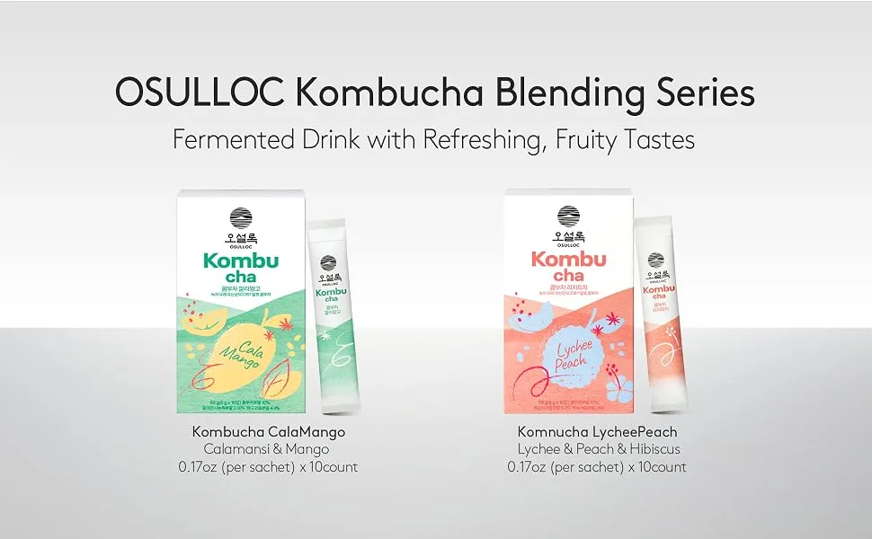 Osulloc Kombucha Tea LycheePeach (Lychee & Peach Blending), Sparkling Powdered Mix Beverage, No added sugar, 10 Sticks, 1.76oz Lychee & Peach 10 Count - KOMBUCHA