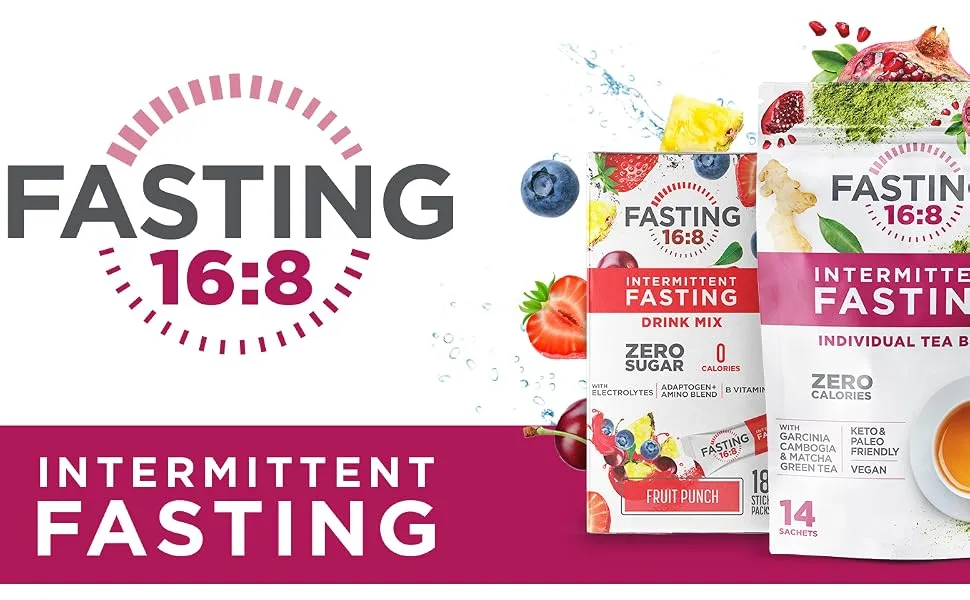 Fasting 16:8 Intermittent Fasting Drink Mix - 0 Sugar - 0 Calories - Fruit Punch Flavor - 18 Stick Packs - Pantry Friendly,Red - fasting diet metabolism booster tea healthy