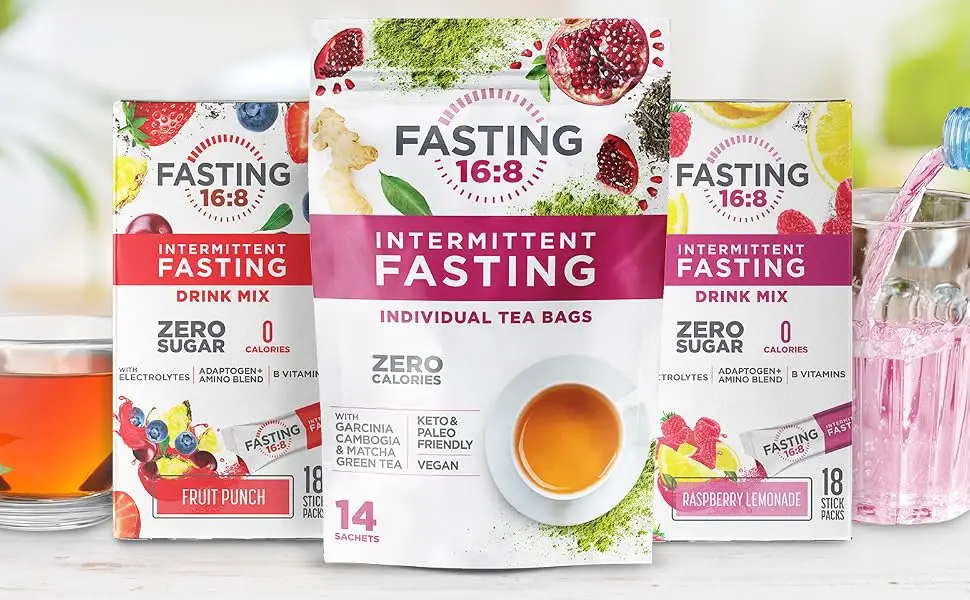 Fasting 16:8 Intermittent Fasting Drink Mix - 0 Sugar - 0 Calories - Fruit Punch Flavor - 18 Stick Packs - Pantry Friendly,Red - fasting easy weight loss tea quick for women