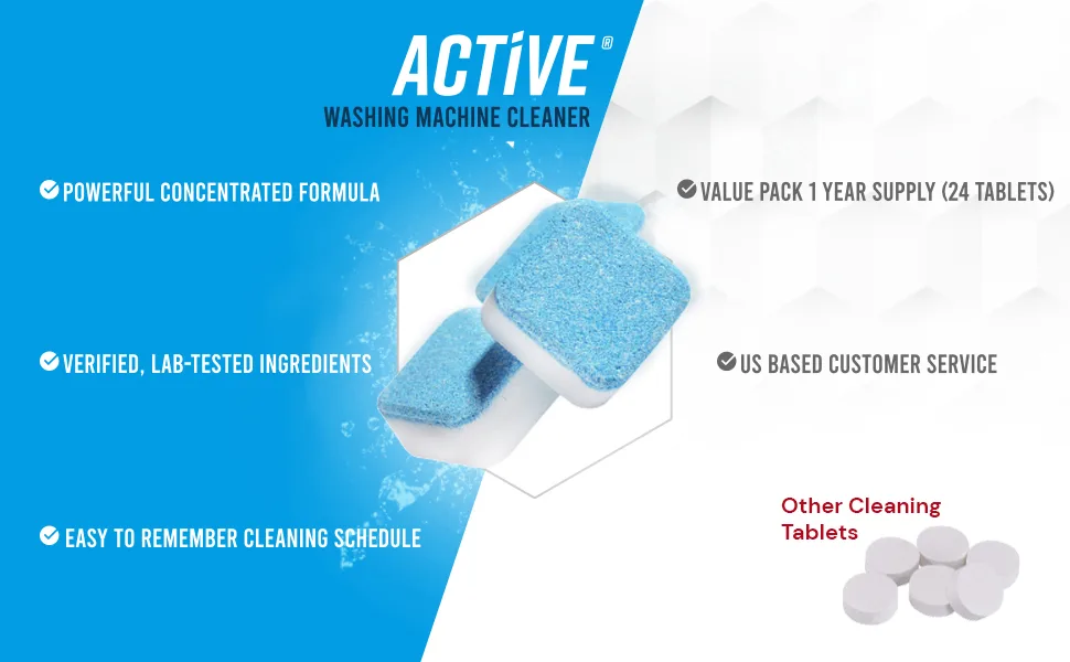 Washing Machine Cleaner Descaler 24 Pack - Deep Cleaning Tablets For HE Front Loader & Top Load Washer, Septic Safe Eco-Friendly Deodorizer, Clean Inside Drum And Laundry Tub Seal - 12 Month Supply 24 Tablets - active, washing, machine, cleaner, benefits