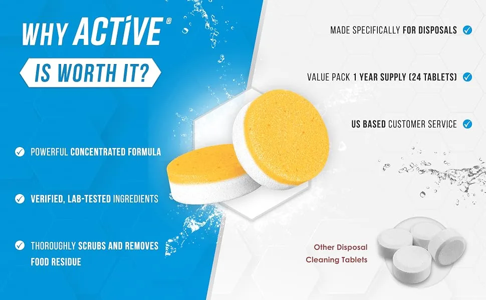 ACTIVE Garbage Disposal Cleaner Deodorizer Tablets 24 Pack - Fresh Citrus Foaming Scrub Sink and Disposer Freshener, Natural Kitchen Drain Cleaning Tablet - 1 Year Supply - Bulk Value Size 1 Year Supply Specially formulated tablets to scrub away grimes