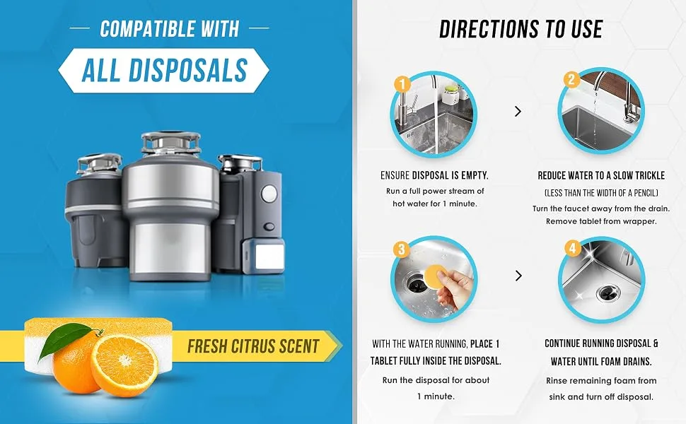 ACTIVE Garbage Disposal Cleaner Deodorizer Tablets 24 Pack - Fresh Citrus Foaming Scrub Sink and Disposer Freshener, Natural Kitchen Drain Cleaning Tablet - 1 Year Supply - Easy to Use For Sink Disposal Drain Fresh Foam
