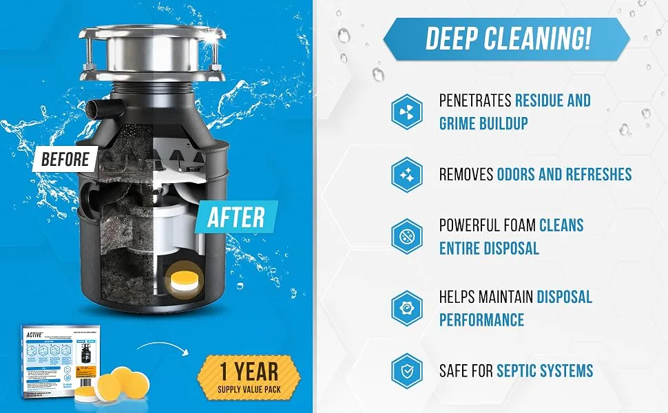 ACTIVE Garbage Disposal Cleaner Deodorizer Tablets 24 Pack - Fresh Citrus Foaming Scrub Sink and Disposer Freshener, Natural Kitchen Drain Cleaning Tablet - 1 Year Supply - Garbage Disposal Deodorizer, Septic Safe Foaming Deep Cleaning and Maintenance