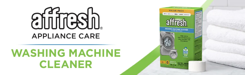 Affresh Washing Machine Cleaner, Cleans Front Load and Top Load Washers, Including HE, 6 Tablets 6 Count (Pack of 1) Washing Machine Cleaner - Image of affresh washing machine cleaner product box and tablet.