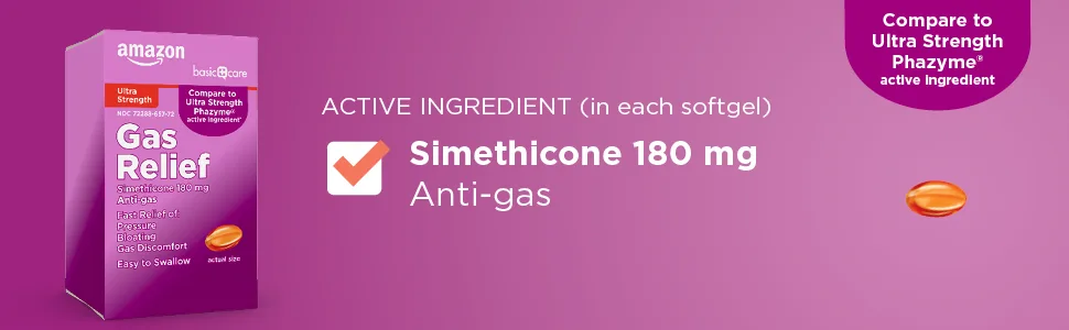 Amazon Basic Care Ultra Strength Gas Relief Softgels, Simethicone 180 mg, Antigas, 60 Count, Orange - Amazon Basic Care Ultra Strength Gas Relief softgels, 180 mg
