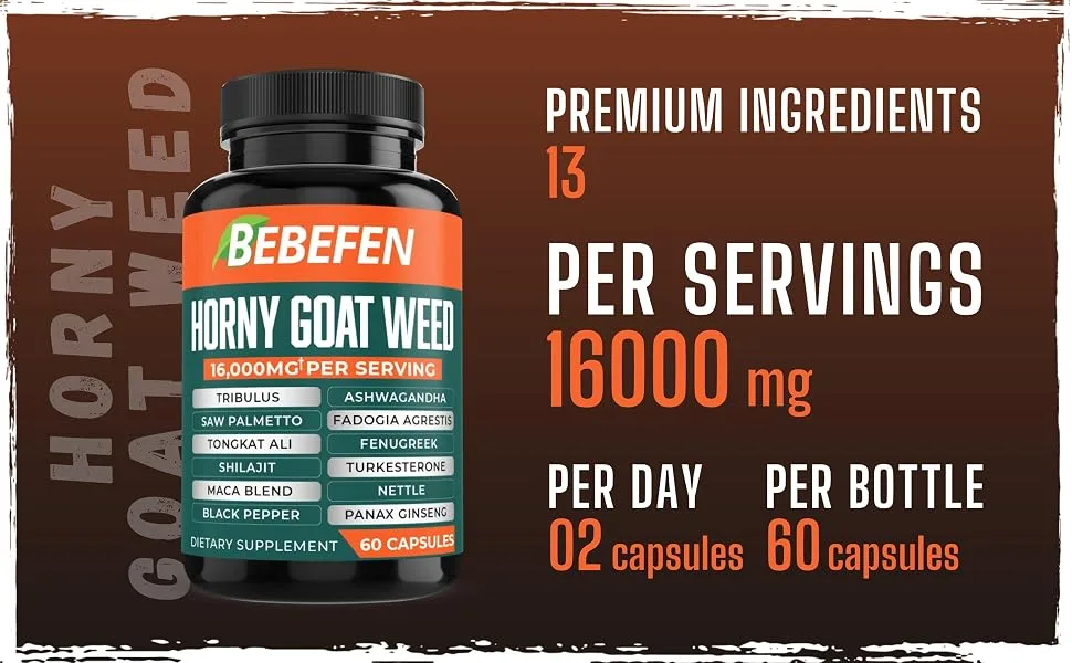 16000Mg Horny Goat Weed Capsules with Tribulus Terrestris, Tongkat Ali, Maca & Others - for Strength, Stamina, Endurance Support - HORNY COMPLEX 60CAPS Details