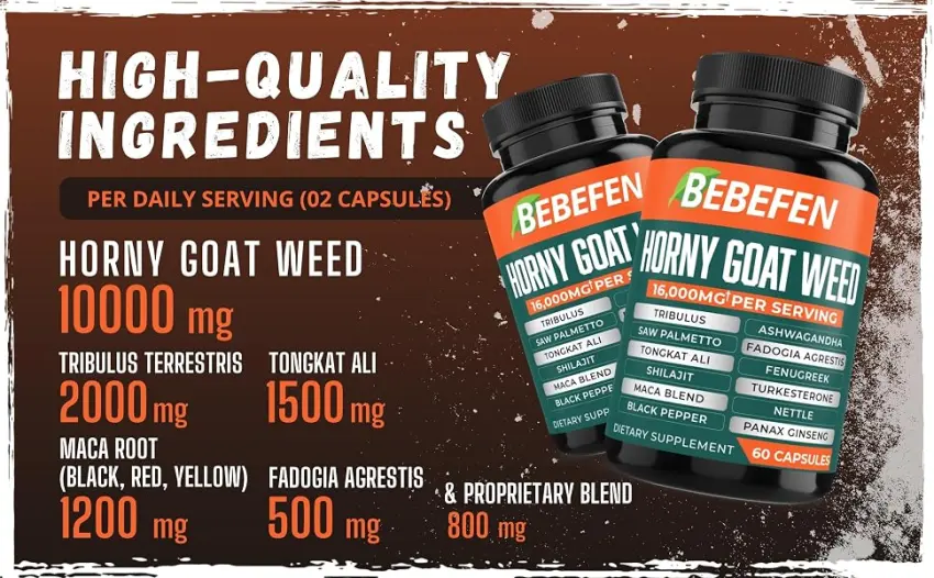 16000Mg Horny Goat Weed Capsules with Tribulus Terrestris, Tongkat Ali, Maca & Others - for Strength, Stamina, Endurance Support - HORNY COMPLEX 60CAPS Ingredients
