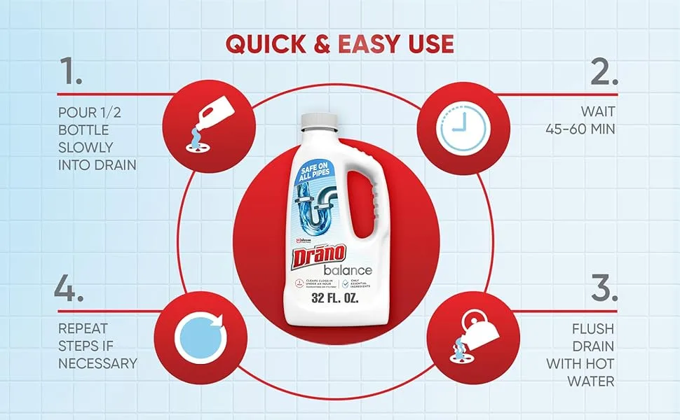 Drano Balance Drain Clog Remover and Cleaner, Non-Corrosive, Formulated Using Only Essential Ingredients, 32 Fl Oz - Quick and easy use