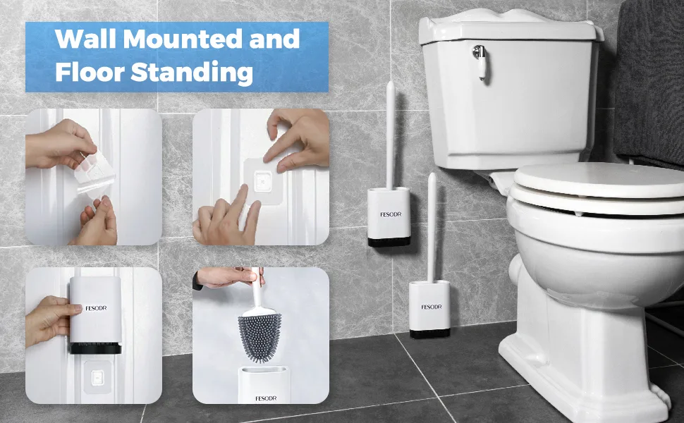 FESODR Toilet Brush with Holder (32Pcs Hooks Included), Silicone Brush Head Easily Clean Dead Corners, White - product information 6