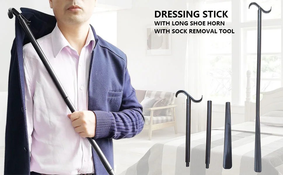 33.5" Long Handle Dressing Stick with Shoe Horn and Sock Removal Tool - Multifunction Dressing Aids Tool for Limited Mobility - dressing stick