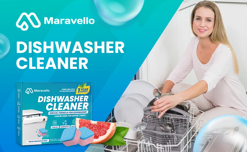 Maravello Dishwasher Cleaner And Deodorizer, Extra Clean Dishwasher Tablets, Remove Limescale, Grease and Odor, Septic Tank Safe- 28 Tablets, 12 Months Supply Grapefruit 28 Count (Pack of 1) - dishwasher cleaner
