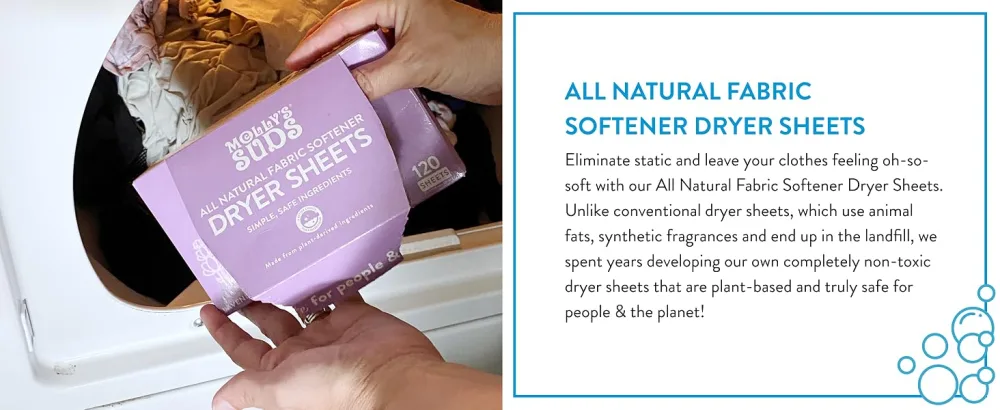 Molly's Suds All Natural Fabric Softener Dryer Sheets for Sensitive Skin | Compostable, Plant-Based Static Reducer, Lavender (120 Sheets) - product information 25