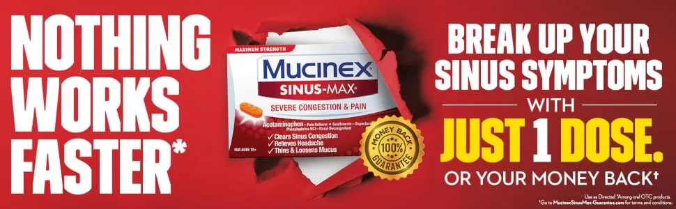 Mucinex Sinus-Max Severe Congestion Relief Caplets, 20 Count - Nothing works faster. Break up your sinus symptoms with just 1 dose. mucinex sinus max 20 caplets