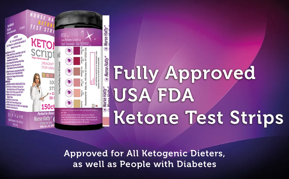 Nurse Hatty 150ct. Diabetic & Ketogenic Urine Test Strips, Great for Standard Ketogenic Diet (SKD) - Long Strips - Main 1st Image USA FDA info.