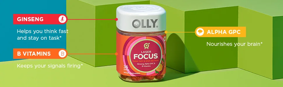 Olly Laser Focus Gummy 18 Day Supply Gummies Ginseng Alpha GPC B Vitamins Chewable Supplement, Berry Tangy Tangerine, 36 Count - image