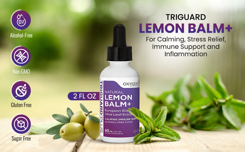 TriGuard Lemon Balm Plus - Lemon Balm Extract, Elderberry, Olive Leaf Extract Tincture 2 fl oz | For Calming, Stress Relief, Immune Support and Inflammation | Alcohol-Free, Non-GMO - lemon balm extract for calming stress relief