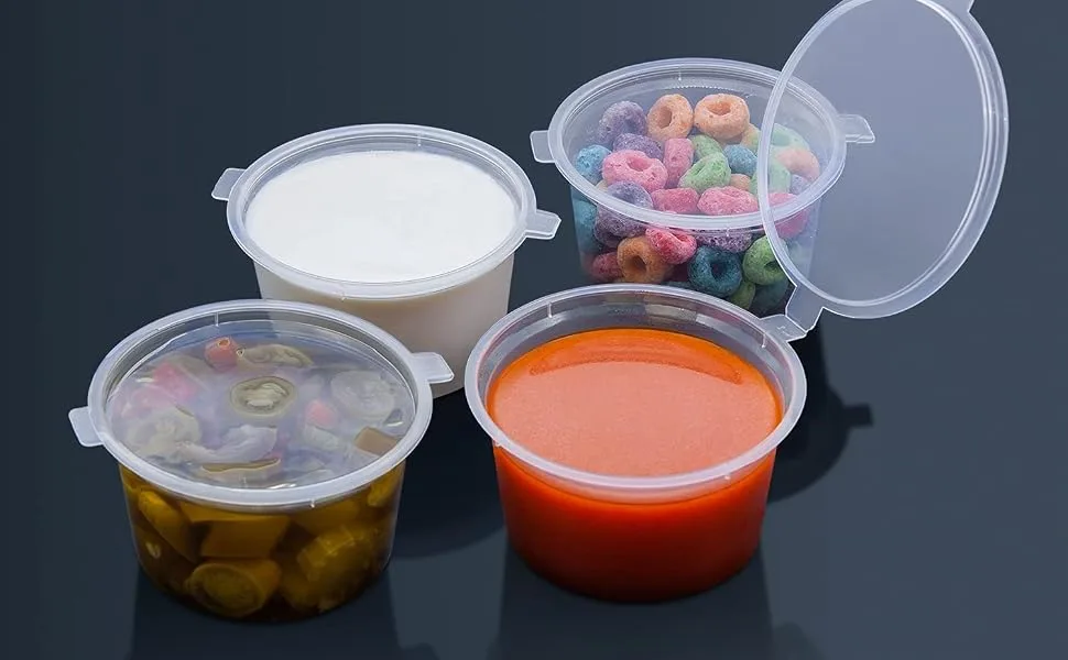 Party Essentials Leak Proof Plastic Condiment Souffle Containers with Attached Airtight Portion Cup with Hinged Lid for Sauces, Samples, Slime, Jello Shot, Storage, Craft, 100 Sets, 2 oz, Clear 100 Sets, 2 oz. - Party Essentials Airtight Plastic Condiment Souffle Container with Hinged Lid