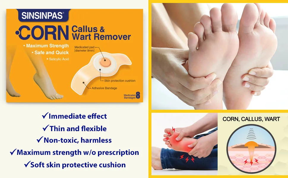 SINSINPAS Corn Callus & Wart Remover, Maximum Strength, 2 Pack (16 Patches Total) - Dr scholls, foot, corn, callus, wart, corn remover, compound w, ulensy, foot corn, toe, feet