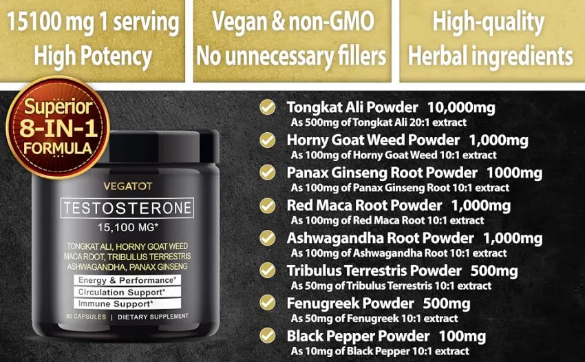 VEGATOT      Ultimate Testo Support   ,    - Boost Performance with Tongkat Ali Panax Ginseng Maca Root Ashwagandha Tribulus, Energy Stamina Circulation Support 90 Count (pack of 1) - Testosterone booster for men