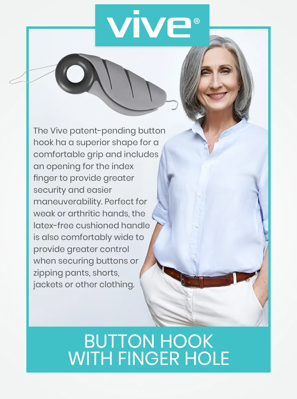 Vive Button Hook with Finger Hole - Zipper Gripper Pull Helper - Dressing Aid Assist - Buttoning Tool Device for Arthritis, Limited Mobility, Independent Living - Dexterity Handle Grip for Clothes Black - Button hook