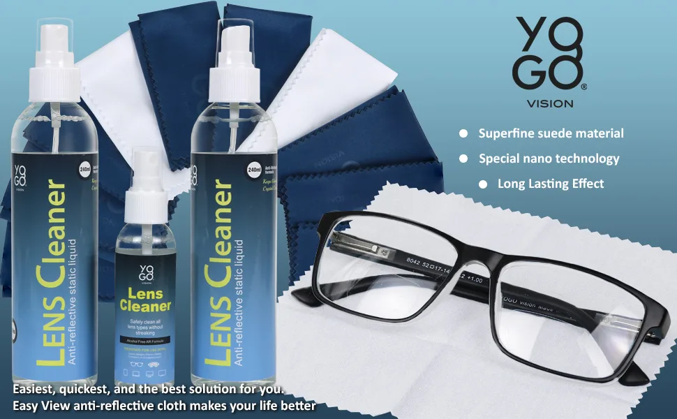 Yogo Vision Lens Cleaner Spray 2 8oz + 1 2oz Eyeglass Cleaner, with 10 Microfiber Cloths Kit Ammonia and Streak Free Safe for Eyewear and Electronics Large - lens cleaner spray and microfiber cloth kit great for glasses screens lenses multiple bottles sizes