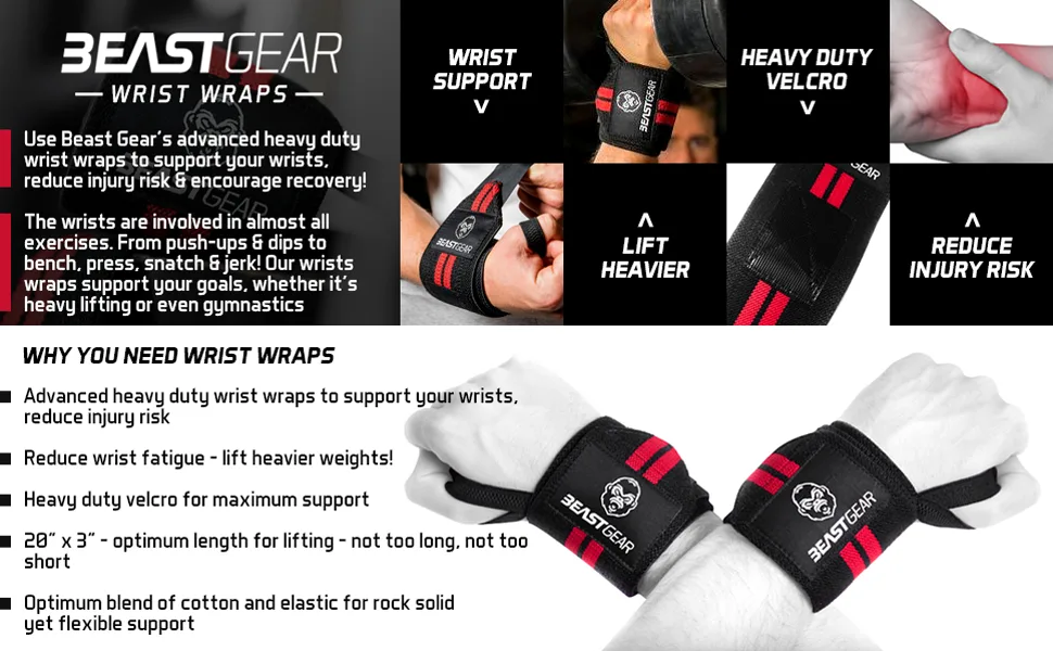 Beast Gear Wrist Wraps for Weightlifting - 20" Wrist Support Straps for Weight Lifting with Thumb Loop - beast gear wrist wraps