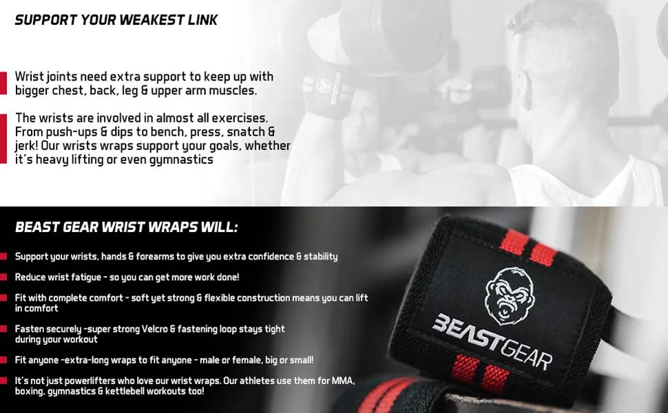 Beast Gear Wrist Wraps for Weightlifting - 20" Wrist Support Straps for Weight Lifting with Thumb Loop - support your weakest link