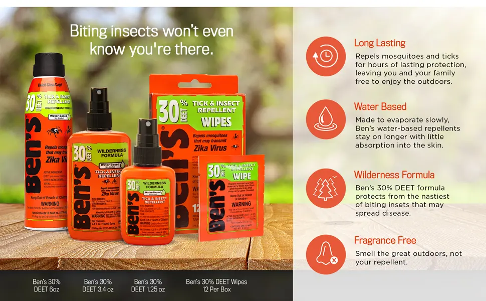 Ben's 30% DEET Mosquito, Tick and Insect Repellent Wipes, 12 Count, One Color - Long Lasting Water Based Wilderness Formula Fragrance Free