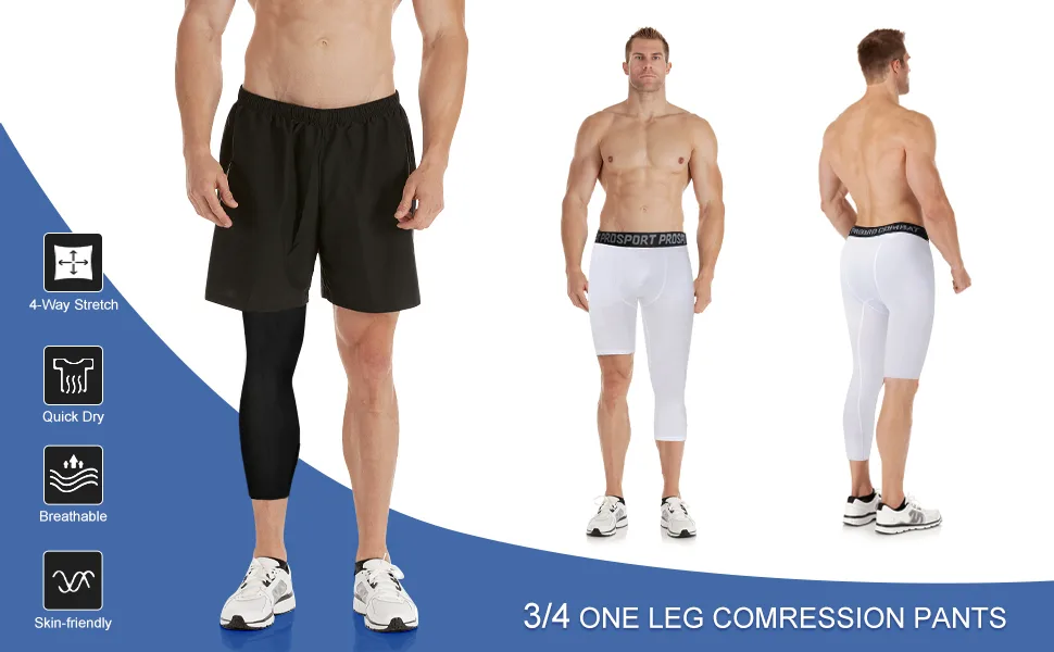 Blaward Men's Compression Pants 1 or 2 Pack Basketball Athletic 3/4 One Leg Compression Capri Tights Base Layer Legging 1 Black & 1 White-right Capri With Left Short Small - 3/4 ONE LEG COMRESSION PANTS