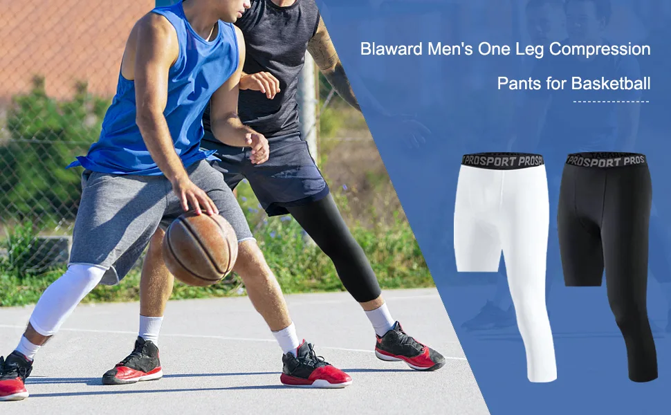 Blaward Men's Compression Pants 1 or 2 Pack Basketball Athletic 3/4 One Leg Compression Capri Tights Base Layer Legging 1 Black & 1 White-right Capri With Left Short Small - one leg compression tights for basketball
