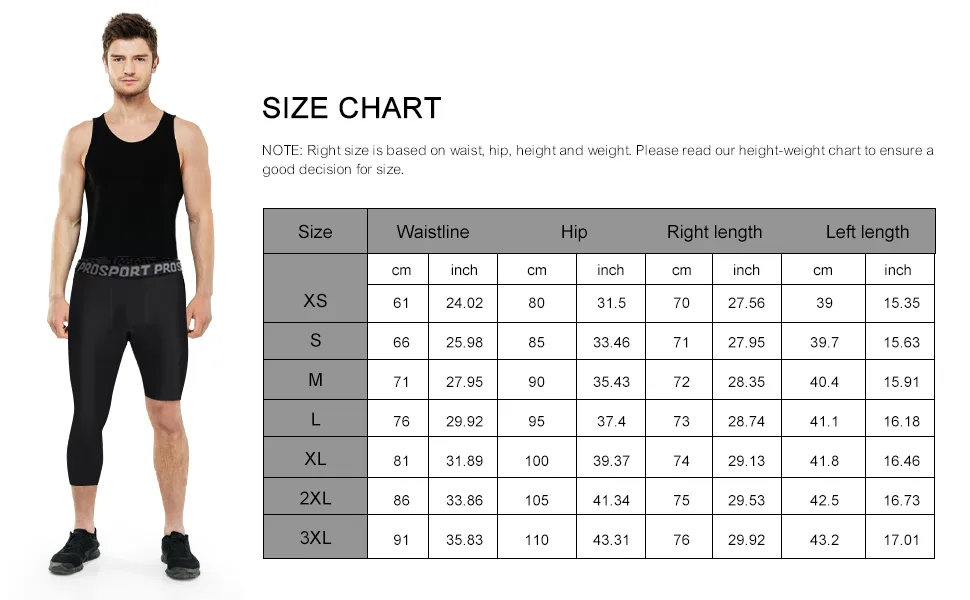 Blaward Men's Compression Pants 1 or 2 Pack Basketball Athletic 3/4 One Leg Compression Capri Tights Base Layer Legging 1 Black & 1 White-right Capri With Left Short Small - Size chart