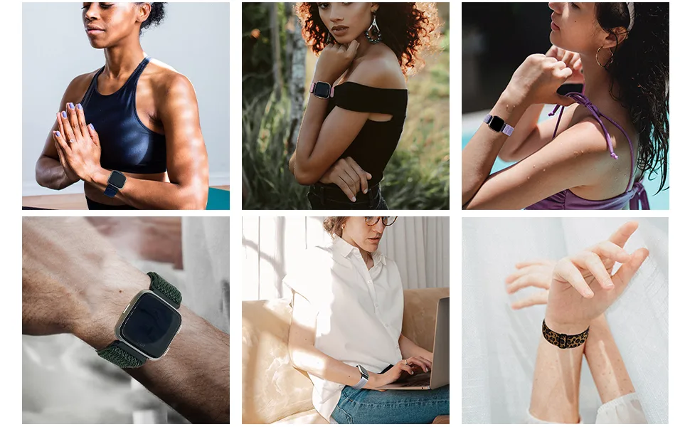 BOTNUW 4 Pack Elastic Bands Compatible with Fitbit Versa 2 /Versa /Versa SE/Versa Lite Wristbands Fitness Smart Watch, Soft Loop Nylon Adjustable Stretchy Replacement Straps for Women Men Black & Dark Blue & Light Gray & White - versa 2 bands women