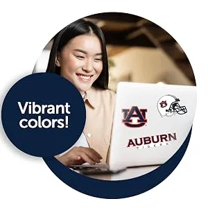 Auburn University Sticker Tigers War Eagle Stickers Vinyl Decals Laptop Water Bottle Car Scrapbook T2 (Type 2) - Woman using laptop with Auburn University stickers on it, Aubie the Tiger, tigers