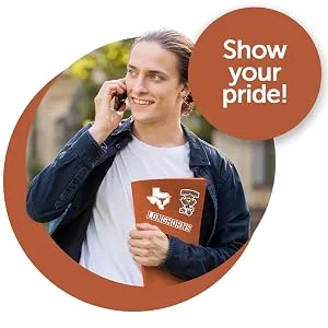 University of Texas Sticker Longhorns UT Austin Stickers Vinyl Decals Laptop Water Bottle Car Scrapbook T2 (Type 2) - Man holding notebook with University of Texas stickers on it, Longhorns, Bevo