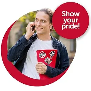 The Ohio State University Sticker OSU Buckeyes Stickers Vinyl Decals Laptop Water Bottle Car Scrapbook T2 (Type 2) - Man holding notebook with Ohio State University stickers on it, Brutus Buckeye, Buckeyes