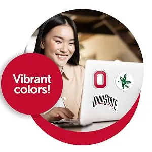 The Ohio State University Sticker OSU Buckeyes Stickers Vinyl Decals Laptop Water Bottle Car Scrapbook T2 (Type 2) - Woman using laptop with Ohio State University stickers on it, Brutus Buckeye, Buckeyes