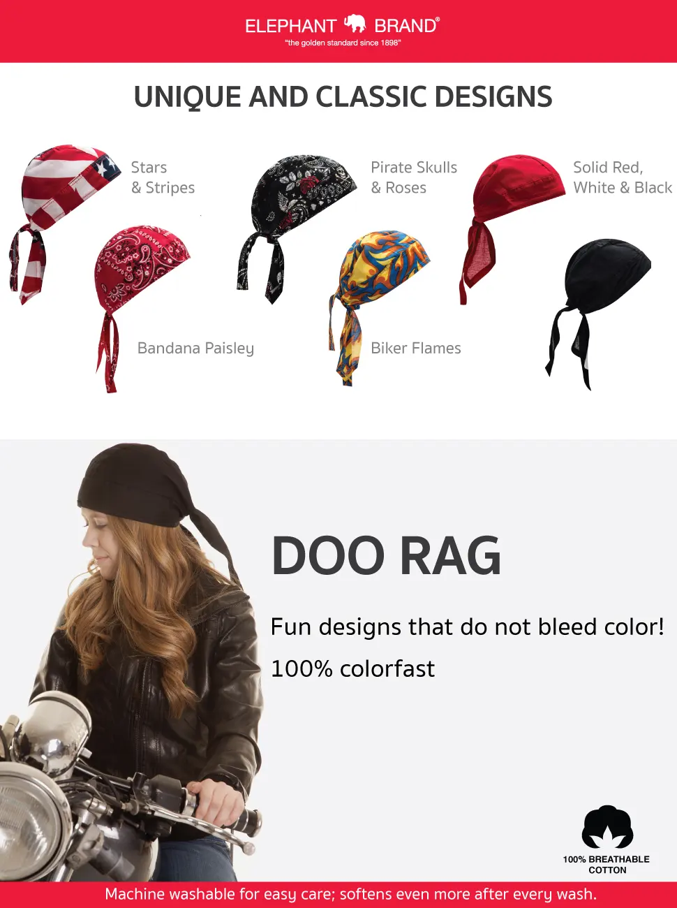 Elephant Brand Skull Caps  100% Cotton in Patterned and Plain Colors, Pack of 3 Biker 2 - product information 1