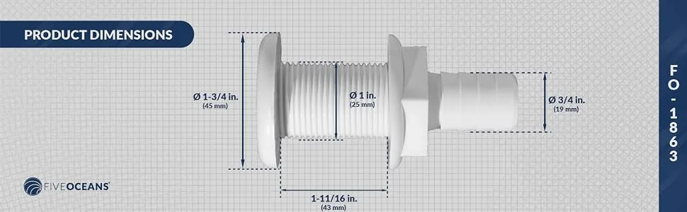 Five Oceans White Straight Thru-Hull Connection for Hose 3/4 Inch - FIVE OCEANS