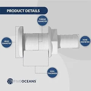 Five Oceans White Straight Thru-Hull Connection for Hose 3/4 Inch - White Straight Thru-Hull Fitting Connection for Hose, 3/4 inches, Injection Molded Polypropylene