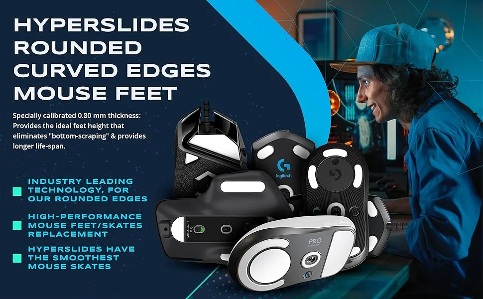 2Sets Hyperslides Rounded Curved Edges Mouse Feet, Skates, Pads for Finalmouse Ninja Air58, Ultralight Pro, Sunset, Phantom Gaming Mouse Feet Replacement (0.8mm, Smooth, White) Pro Performance Upgrade - thick rounded edge technology high performance mouse feet smooth slide glide smoothest best mouse